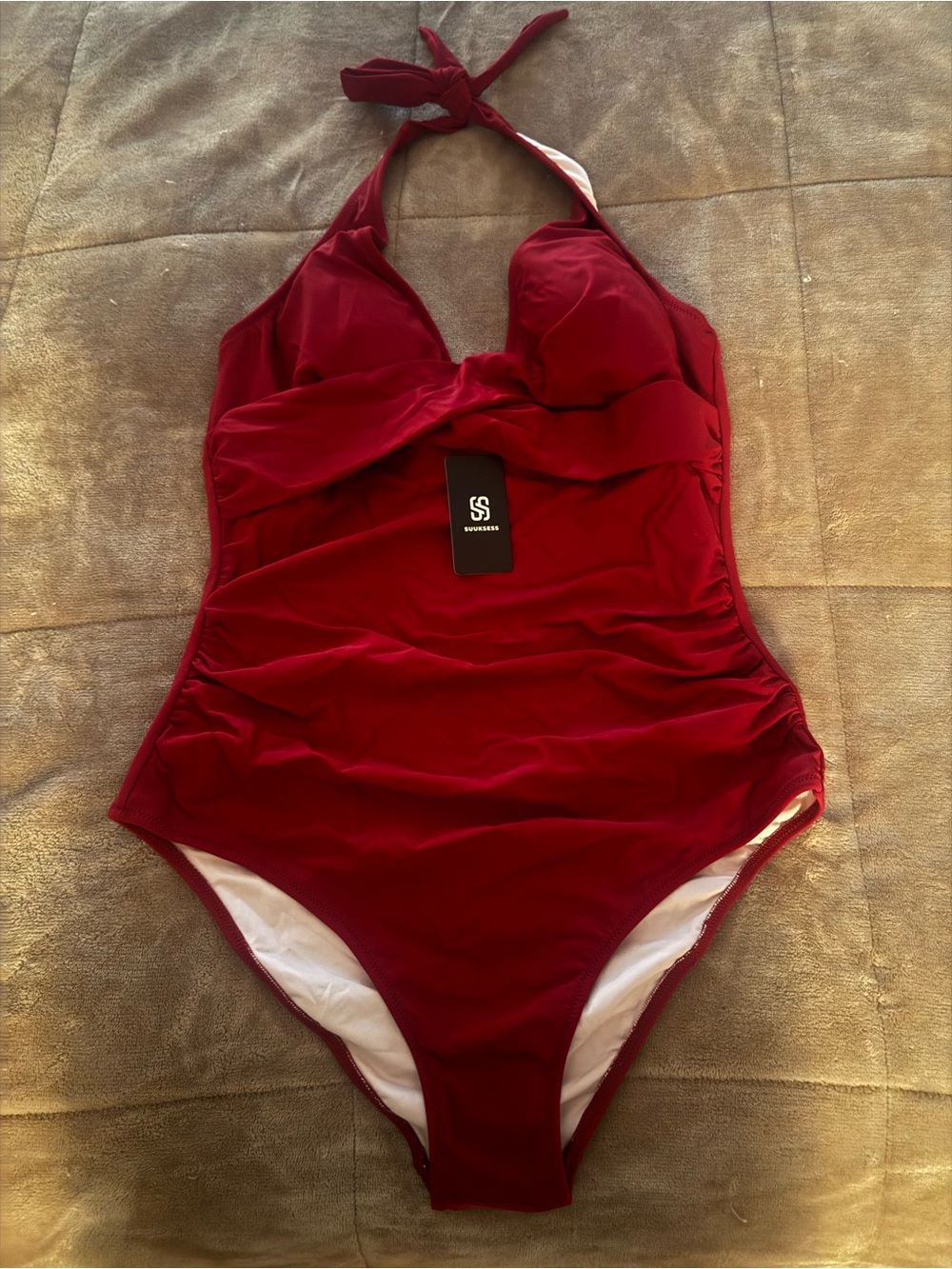 Deep Red One-Piece Halter Swimsuit